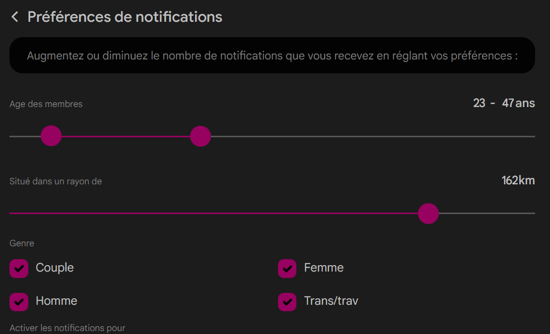 Préférences de notifications sur Sexylib